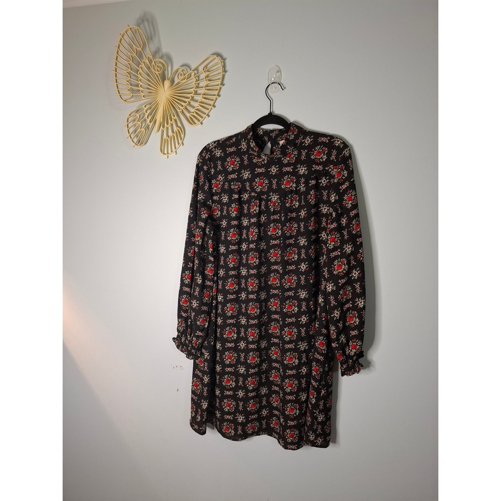 Loft Outlet Floral Shift Dress Black Red High Neck Long Sleeve Mini Large